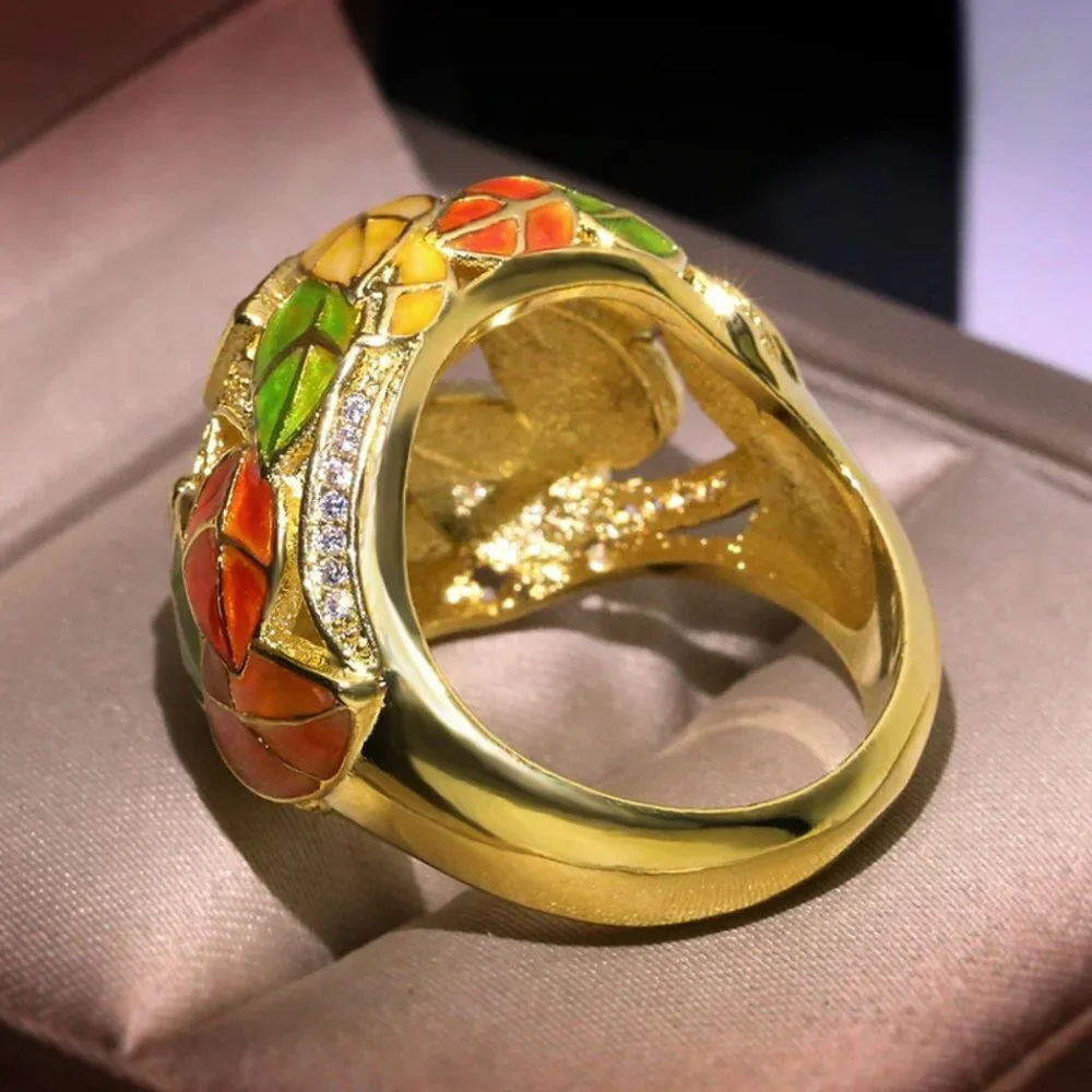 Jewelry ring dome style wide statement leaf Fall Autumn yellow gold tone new